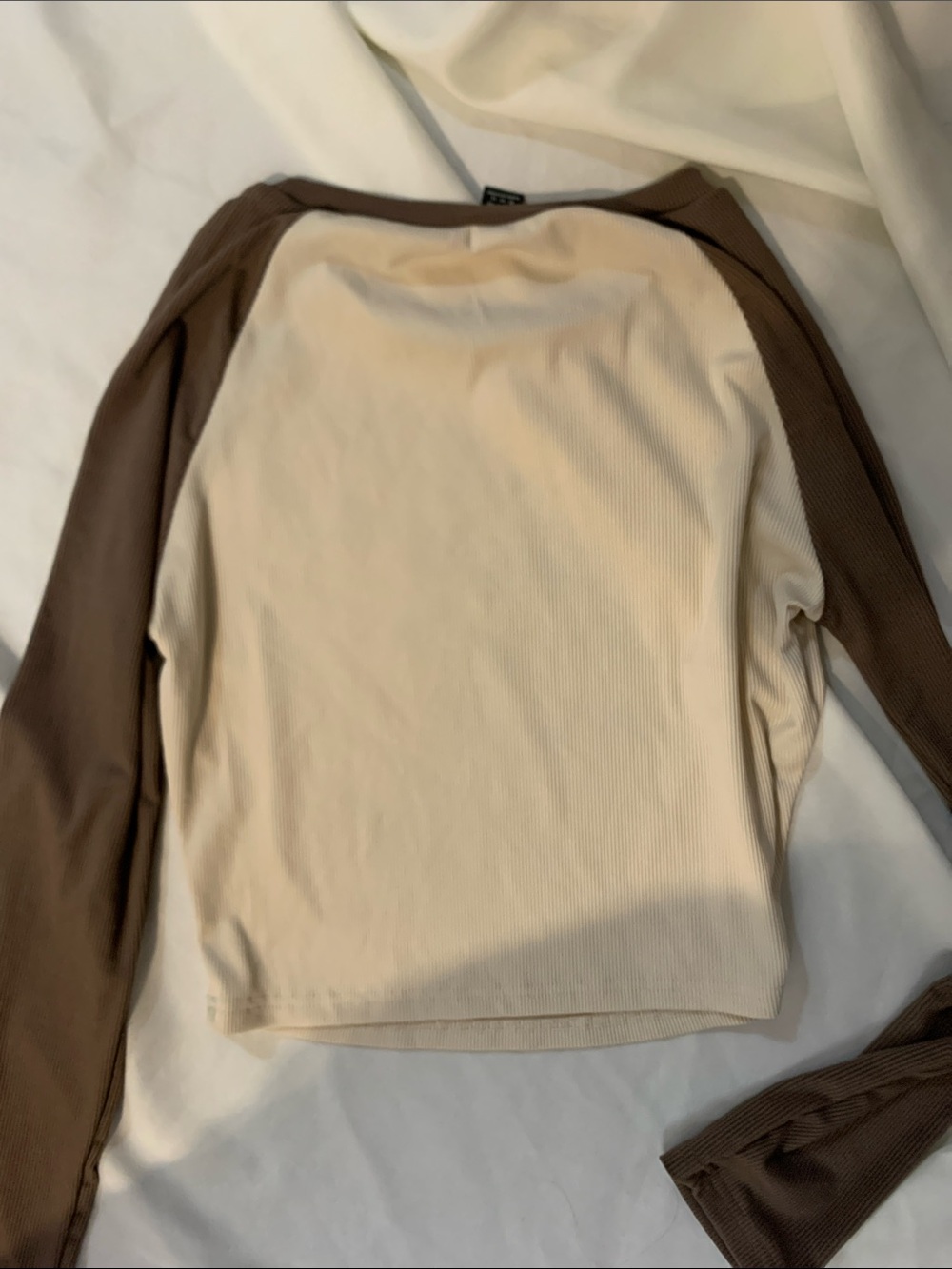 SHEIN Cream Crop Top with Brown Raglan Sleeves and Mushroom Print - Picture 5 of 7